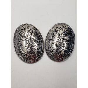 Pair Viking Broa Pin Tortoise Shield Brooch Norse Celtic Knot Dragon Silver 2.5"